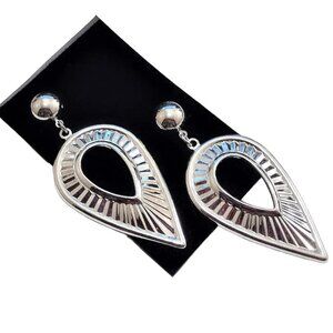 2 3/4 Inch 70mm Teardrop Hoop Pierced Post Earrings Round Bead Silver Tone